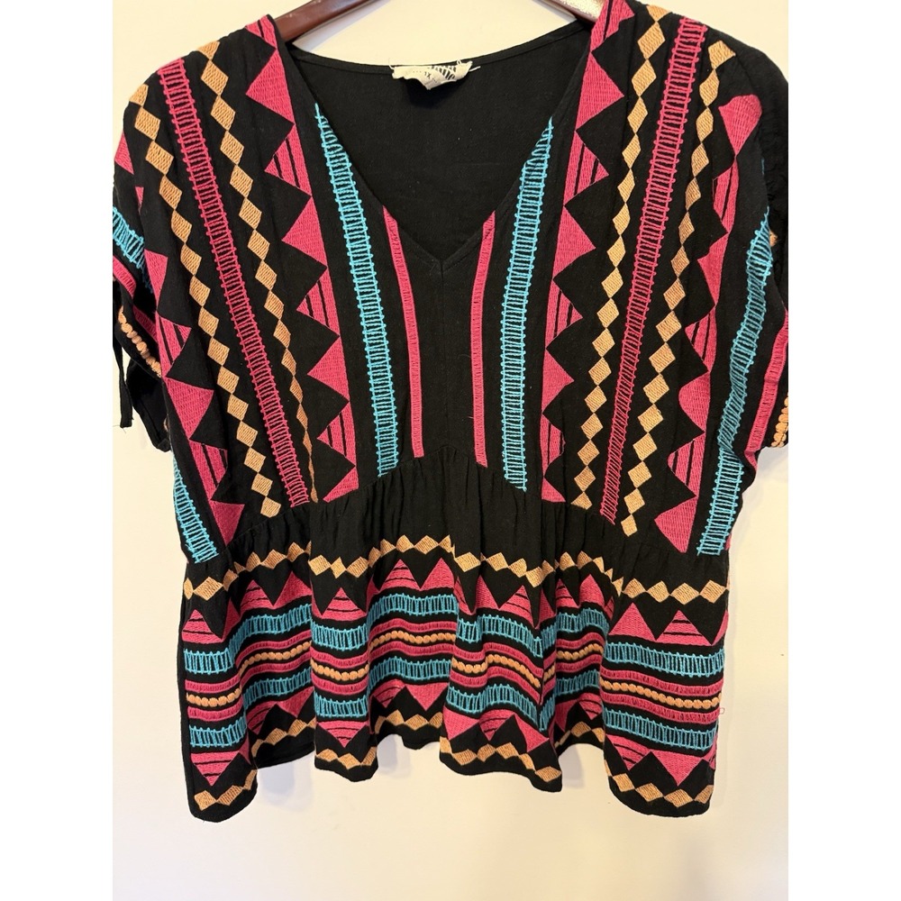 Savanna Jane V Neck Black Embroidered Blouse Size‎ 1X Aztec Multicolor